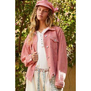 NWT POL Pink Vintage Washed Textured Woven Twill Jacket Raw Edge Size Large